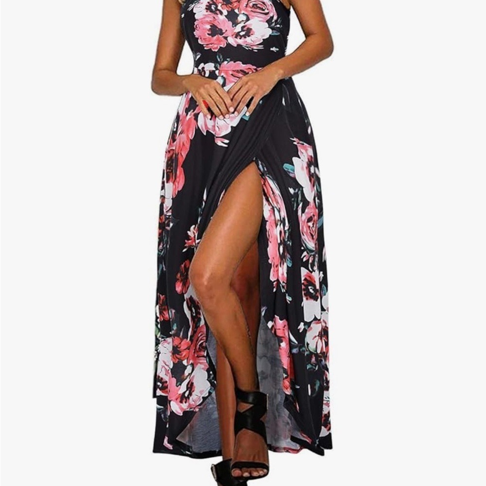 Black Floral Maxi Dress High Slit Sleeveless Halter Neck Womens L Stretch Party